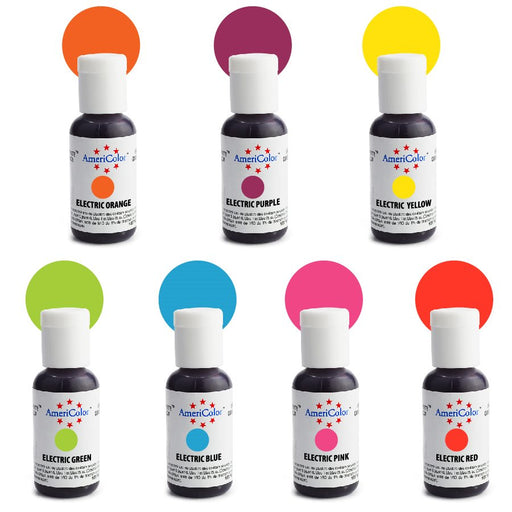 AmeriColor Electric Airbrush food coloring kit with 7 neon decorating colors for cakes, cookies, fondant, buttercream, chocolates, and bakery airbrushing.