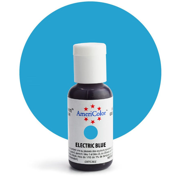 AmeriColor Electric Blue Soft Gel Paste Food Color 0.75 oz bottle for cakes, cookies, buttercream frosting, fondant, royal icing, and cake decorating.