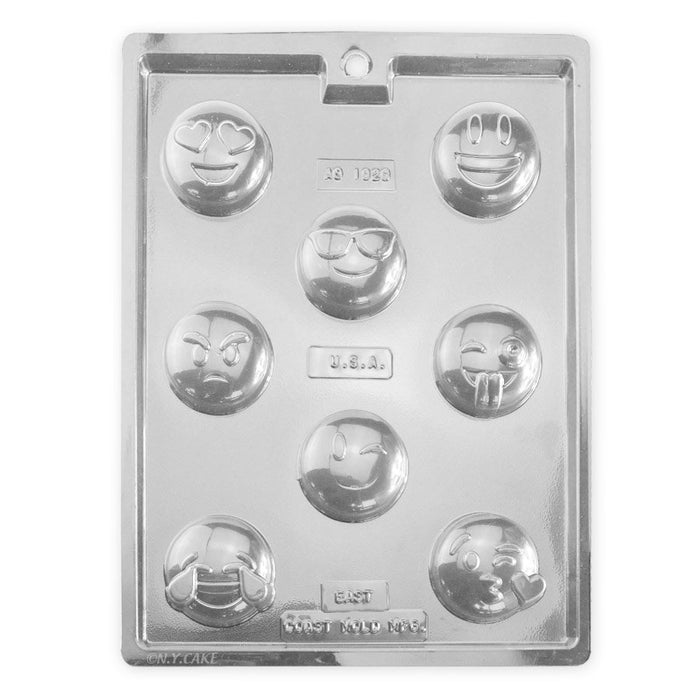 Emoji chocolate candy mold with assorted smiley face designs for party treats and cake decorating