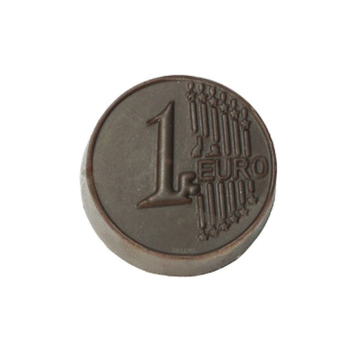 21-cavity Euro coin polycarbonate chocolate mold for creating detailed coin-shaped chocolates, candies, favors, and themed desserts.
