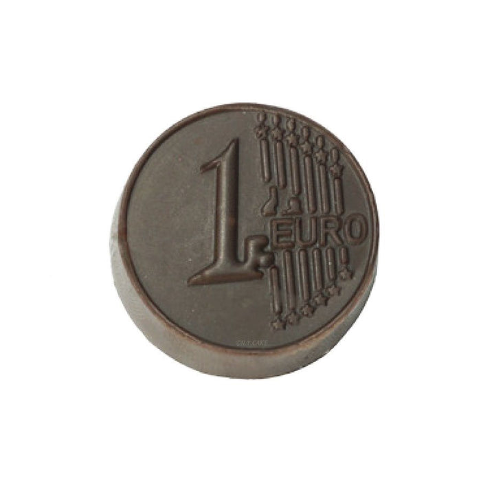 21-cavity Euro coin polycarbonate chocolate mold for creating detailed coin-shaped chocolates, candies, favors, and themed desserts.