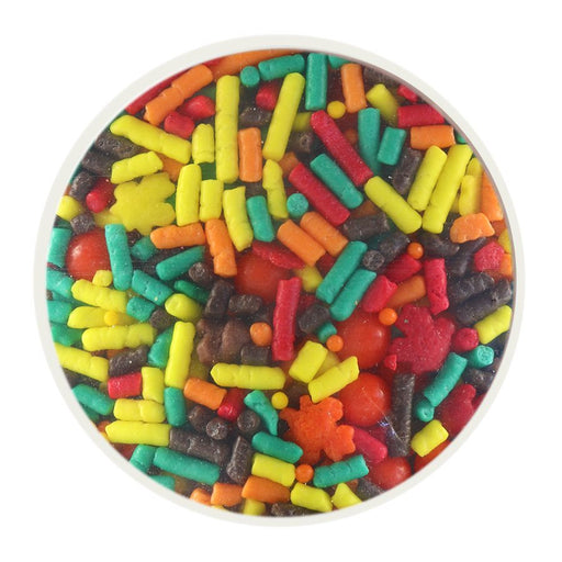 Fall Harvest Sprinkle Mix with colorful autumn sprinkles for decorating cakes, cupcakes, cookies and Thanksgiving desserts.