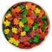 Fall leaves edible sprinkles in assorted orange, red, yellow, green and brown colors for decorating Thanksgiving cakes, cupcakes and cookies.