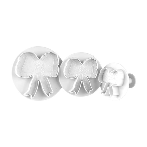 Fancy Bow Plunger Cutter Set of 3 for cutting and embossing fondant bows for cakes, cupcakes, cookies and cake decorating.