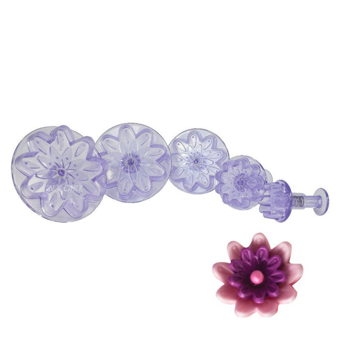 Fancy Daisy Plunger Cutter Set of 5 for cutting and embossing fondant flowers for cakes, cupcakes, cookies and cake decorating.