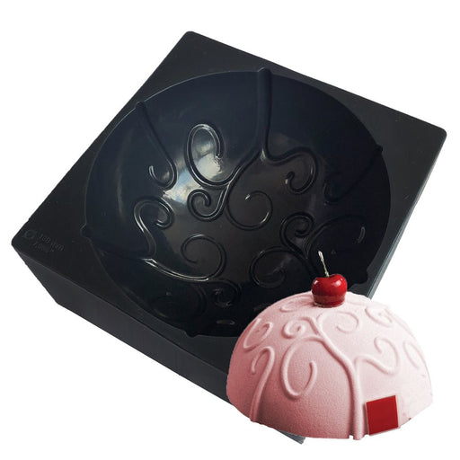 7-inch fancy dome silicone baking and freezing mold with decorative swirl design for cakes, mousse, chocolate and frozen desserts.