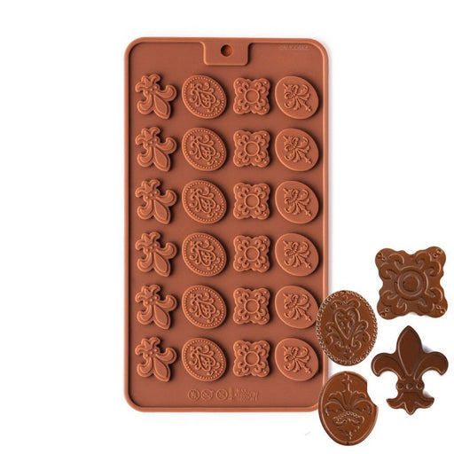 24-cavity fancy medallions silicone chocolate mold with assorted decorative designs for chocolates, candies and dessert decorations.