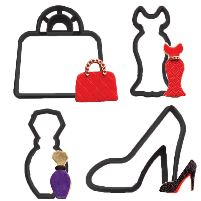 Large Fashionista cookie cutter set with dress, high heel shoe, purse and perfume bottle cutters for cookies, fondant and cake decorating.