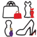 Large Fashionista cookie cutter set with dress, high heel shoe, purse and perfume bottle cutters for cookies, fondant and cake decorating.