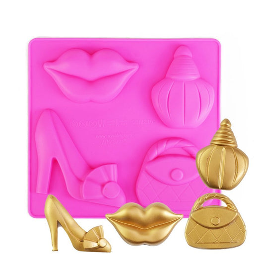 Pink 4-cavity Fashionista silicone chocolate mold featuring lips, perfume bottle, high heel shoe and purse designs.