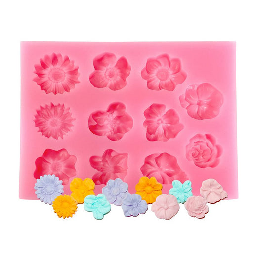 Finished flowers silicone fondant mold with 11 floral cavities for creating detailed cake, cupcake, cookie, chocolate, and fondant decorations