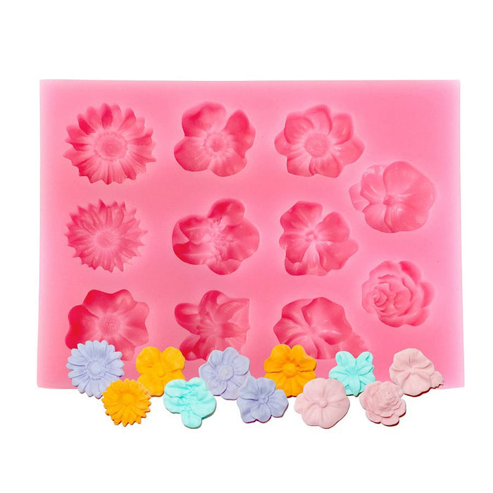 Finished flowers silicone fondant mold with 11 floral cavities for creating detailed cake, cupcake, cookie, chocolate, and fondant decorations