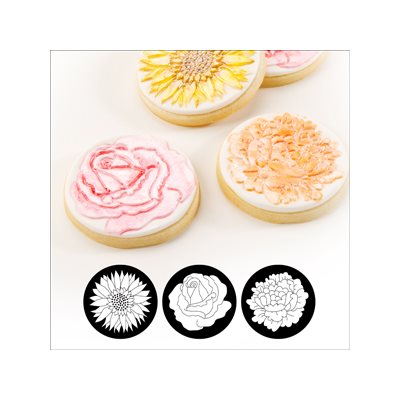 Floral cupcake and cookie stencil set with three flower decorating designs