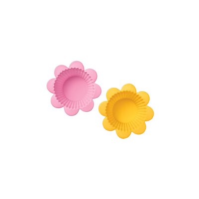 Pink and yellow flower-shaped silicone baking cups reusable cupcake liners set of 12 for baking cupcakes muffins and desserts.