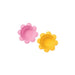 Pink and yellow flower-shaped silicone baking cups reusable cupcake liners set of 12 for baking cupcakes muffins and desserts.
