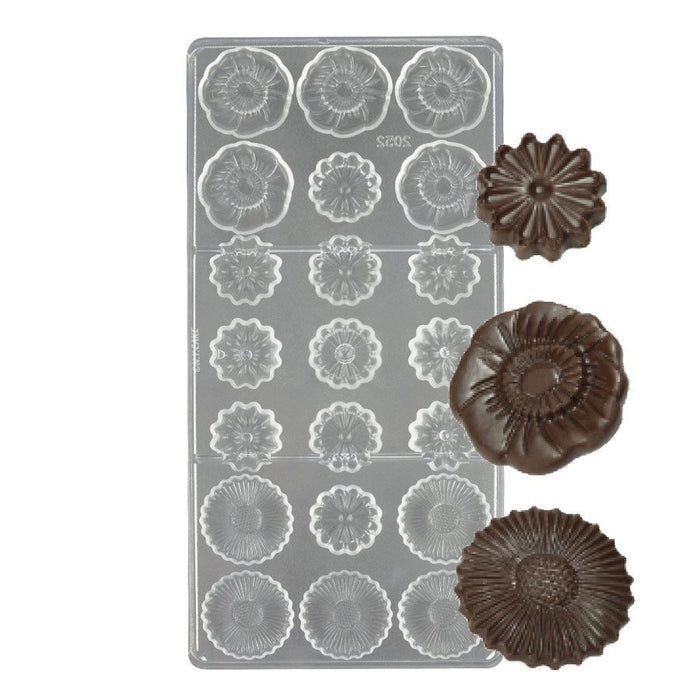 21-cavity assorted flowers polycarbonate chocolate mold with multiple floral designs for making detailed chocolates and confections.