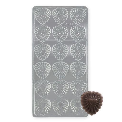 18-cavity fluted heart polycarbonate chocolate mold for making detailed heart-shaped chocolates, pralines, candies, and Valentine’s Day treats.