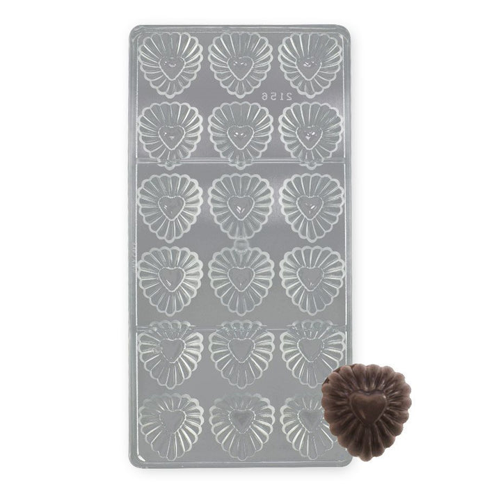 18-cavity fluted heart polycarbonate chocolate mold for making detailed heart-shaped chocolates, pralines, candies, and Valentine’s Day treats.