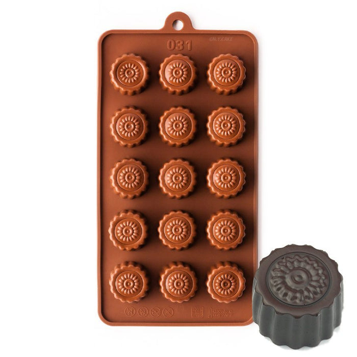 15-cavity fluted round flower silicone chocolate mold for making detailed chocolates, candies and decorative confections.