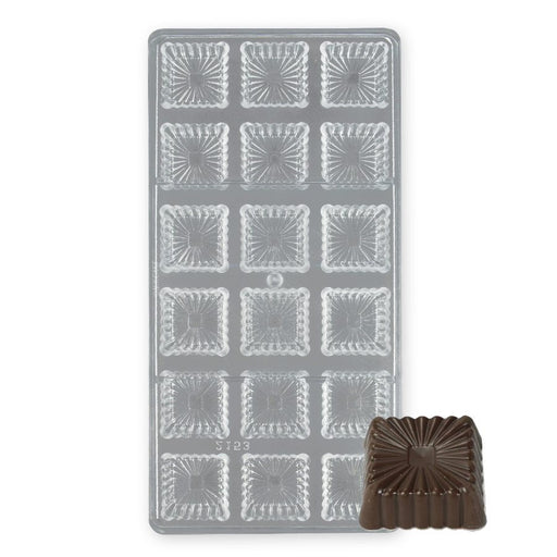 18-cavity fluted square polycarbonate chocolate mold for making detailed professional chocolates.