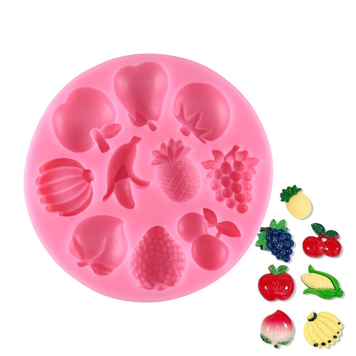 Pink 4-inch assorted fruit silicone fondant mold with detailed fruit cavities for fondant, gum paste, chocolate and cake decorations.