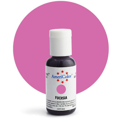 AmeriColor Fuchsia Soft Gel Paste food coloring 0.75 oz bottle for cakes, cookies, fondant, buttercream, royal icing, and bakery decorating.