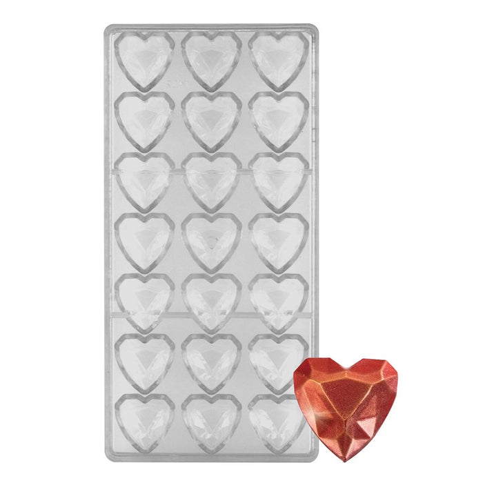21-cavity geo heart polycarbonate chocolate mold for creating glossy geometric heart chocolates, bon bons, truffles, and Valentine's Day treats.