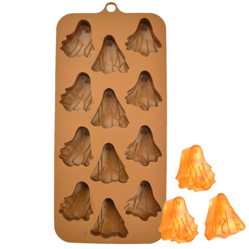 12-cavity ghost silicone chocolate mold for making ghost-shaped chocolates, candies, fondant decorations, and Halloween treats.