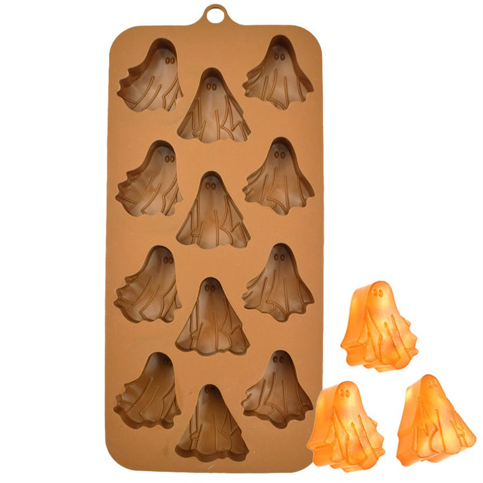 12-cavity ghost silicone chocolate mold for making ghost-shaped chocolates, candies, fondant decorations, and Halloween treats.