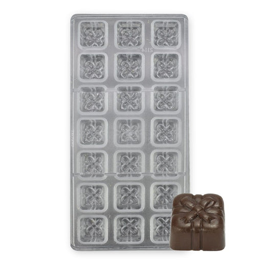 21-cavity gift box polycarbonate chocolate mold with ribbon and bow design for making detailed chocolates, candies, and party favors.