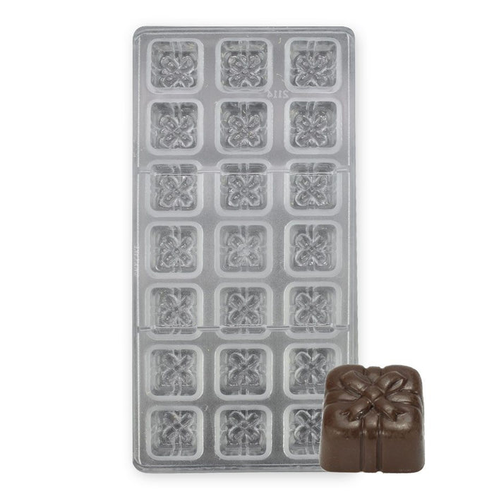 21-cavity gift box polycarbonate chocolate mold with ribbon and bow design for making detailed chocolates, candies, and party favors.
