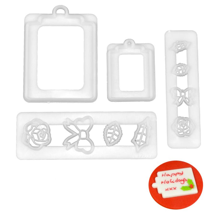 Gift Tag Cutter Set by FMM with fondant gift tag, bow and flower cutters for cake decorating