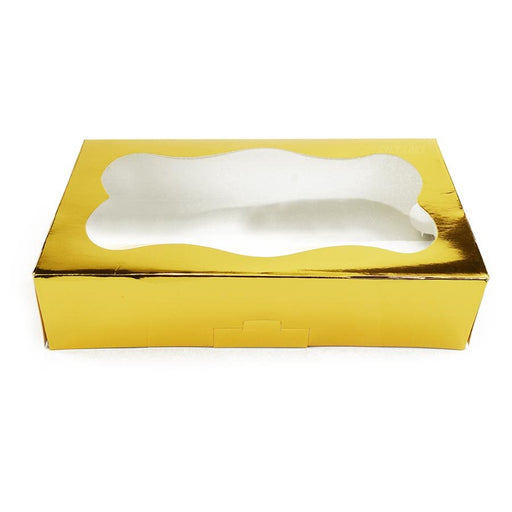 Gold 1 pound bakery cookie box with clear viewing window for cookies, brownies, pastries, and gift packaging