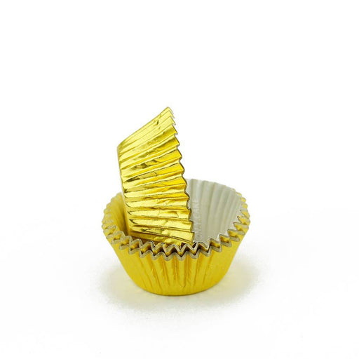 Gold foil mini cupcake baking cup liners for mini cupcakes, muffins, candies, chocolates, and bite-sized desserts.