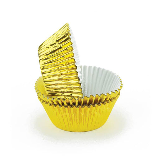 Gold foil standard-size cupcake baking cups with metallic finish, available in packs of 50 or 500.