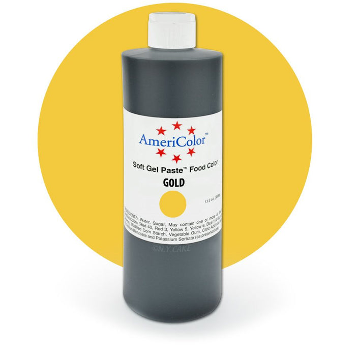 AmeriColor Gold Soft Gel Paste food coloring 13.5 oz bottle for cakes, cookies, fondant, buttercream, royal icing, and bakery decorating.