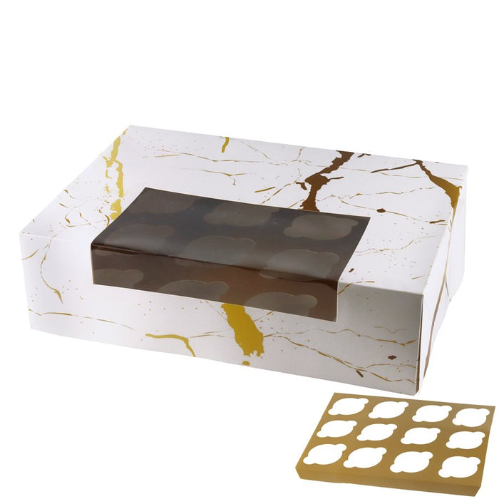 Gold splatter bakery box with clear viewing window and reversible gold and white insert designed to hold 12 standard cupcakes securely.