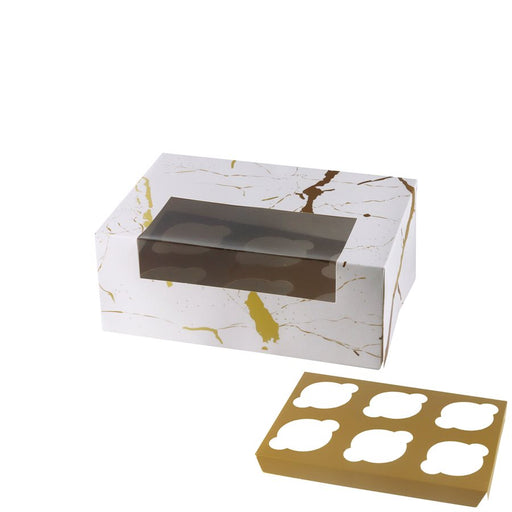 Gold splatter cupcake box with clear display window and reversible gold and white insert for holding 6 standard cupcakes.
