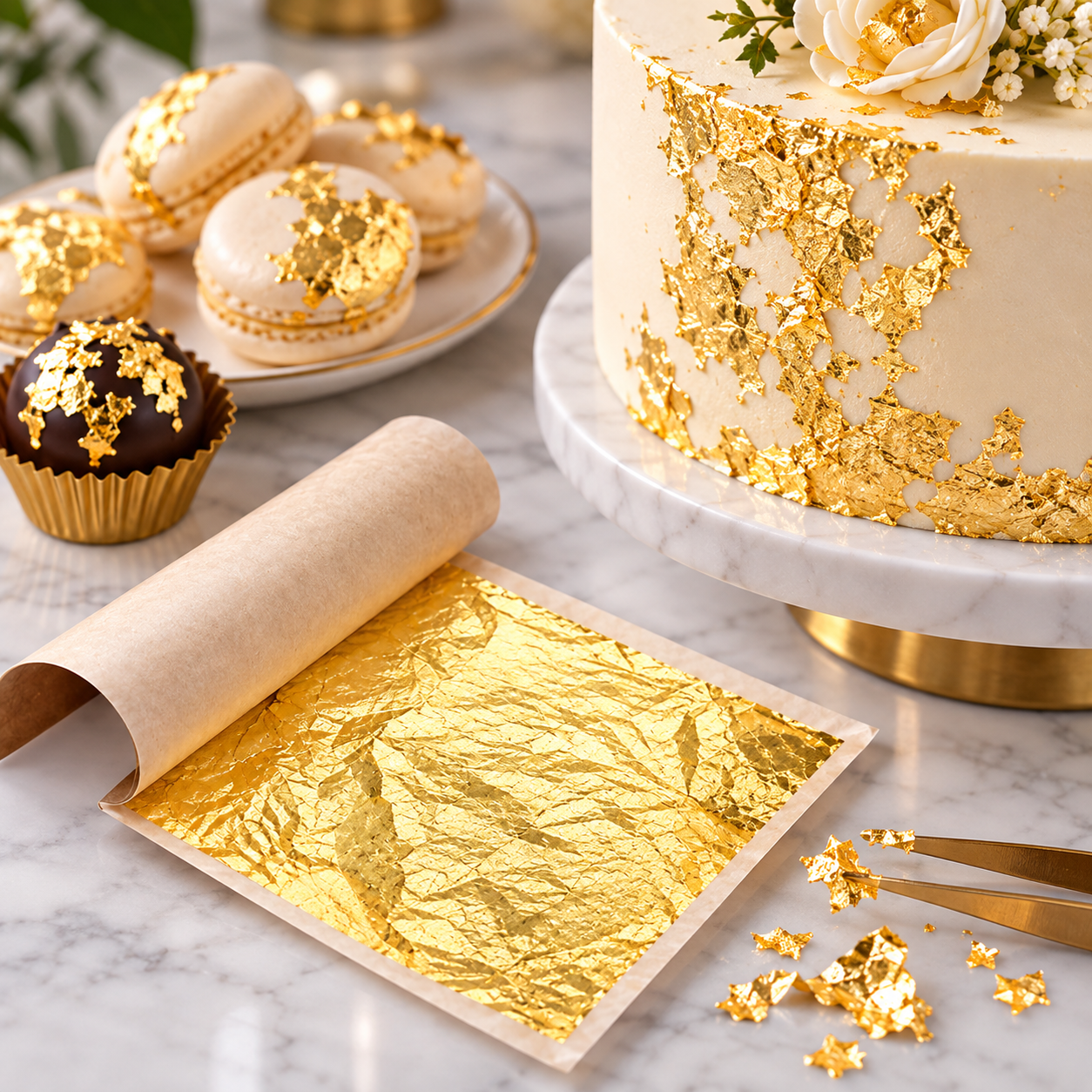 Gold leaf flake sheets displayed on parchment paper with a decorated cream cake, macarons, and a chocolate cupcake in the background on a marble surface.
