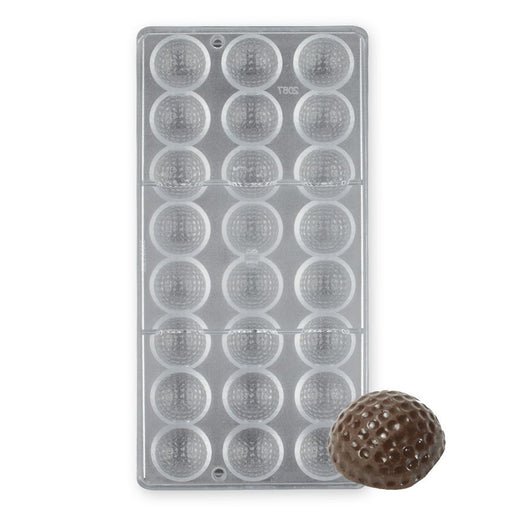 24-cavity golf ball polycarbonate chocolate mold with realistic dimpled cavities for making golf-themed chocolates, candies, and party favors.