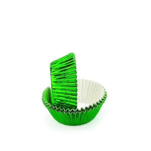 Green foil greaseproof mini cupcake baking cup liners for cupcakes, candies, chocolates, and bite-sized desserts.