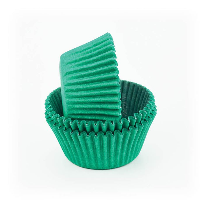 Green glassine standard cupcake baking cup liners with greaseproof finish, available in packs of 50 and 500.