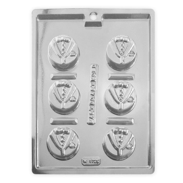 Groom chocolate candy mold featuring tuxedo-themed cavities for wedding favors, bridal showers, and custom chocolate treats.