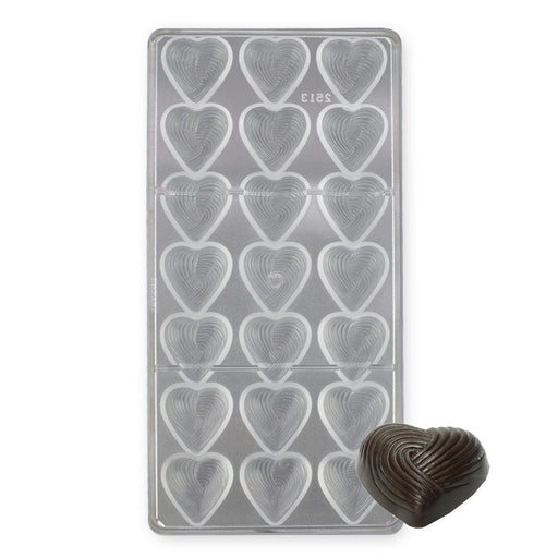 20-cavity grooved heart polycarbonate chocolate mold for making textured heart-shaped chocolates, pralines, candies, and Valentine’s Day treats.