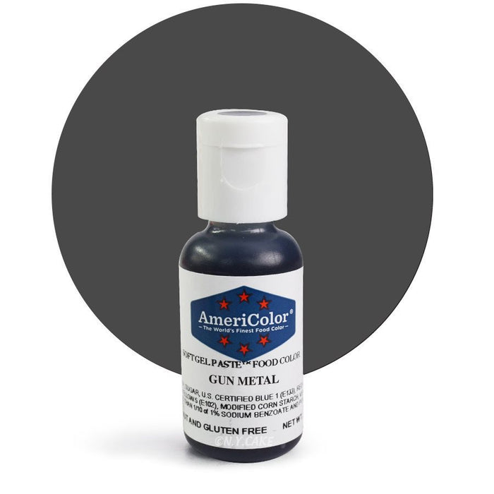 AmeriColor Gun Metal Soft Gel Paste food coloring .75 oz bottle for cake decorating, buttercream, fondant, cookies, royal icing, and bakery desserts.