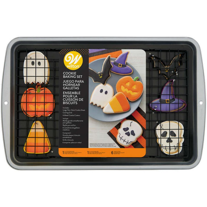 8-piece Halloween cookie baking set with baking sheet, cooling grid and six Halloween cookie cutters.