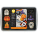 8-piece Halloween cookie baking set with baking sheet, cooling grid and six Halloween cookie cutters.