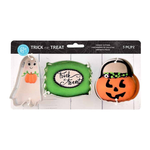 Halloween 3-piece cookie cutter set with ghost, candy bar and pumpkin bucket shapes