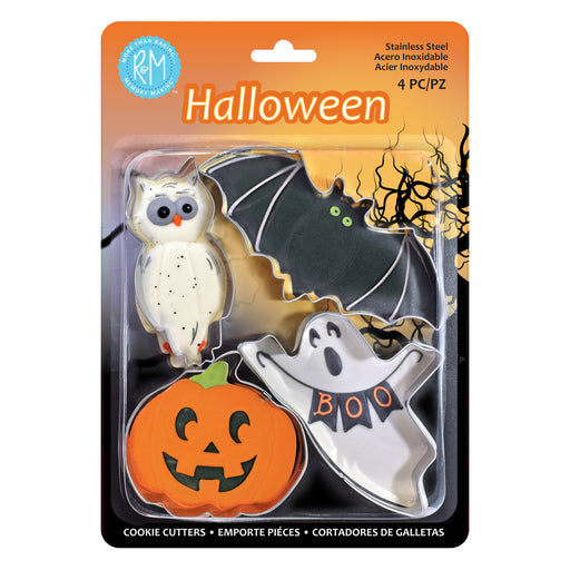 A 4-piece Halloween cookie cutter set in retail packaging. The set includes a white owl, an orange pumpkin, a white ghost with a black banner, and a black bat.
