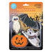 A 4-piece Halloween cookie cutter set in retail packaging. The set includes a white owl, an orange pumpkin, a white ghost with a black banner, and a black bat.